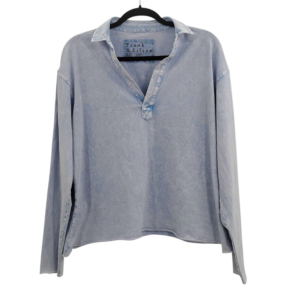 Frank & Eileen Patrick Popover Henley Long Sleeves Mineral Blue Raw Hem Medium